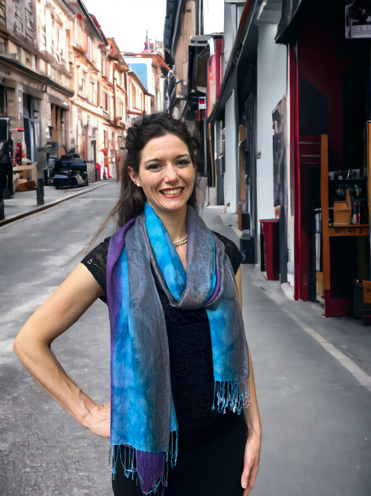 Blue Striped Modal Silk Hand Painted Watercolor Scarf