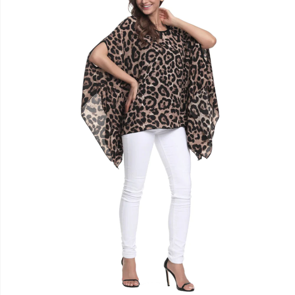 Womens Leopard Print Batwing Chiffon Top