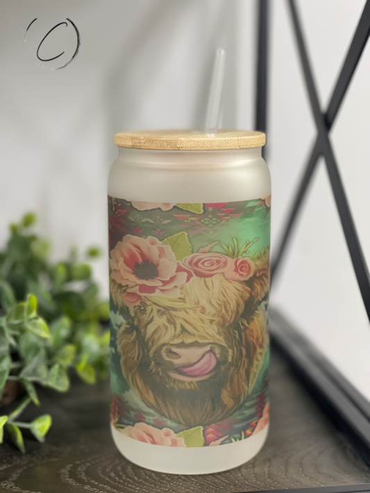 Floral Highland Cow 16oz Libbey Glass