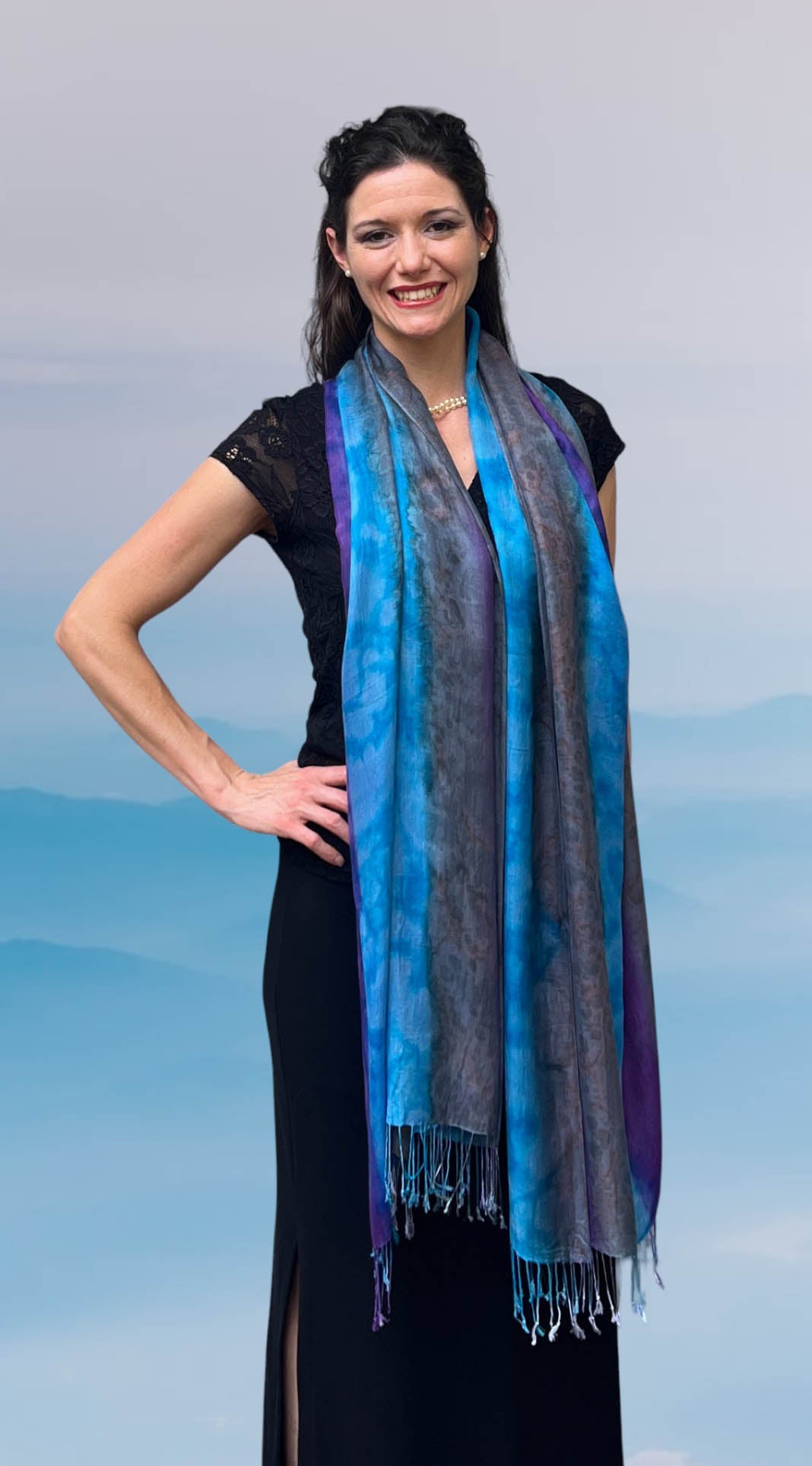 Blue Striped Modal Silk Hand Painted Watercolor Scarf