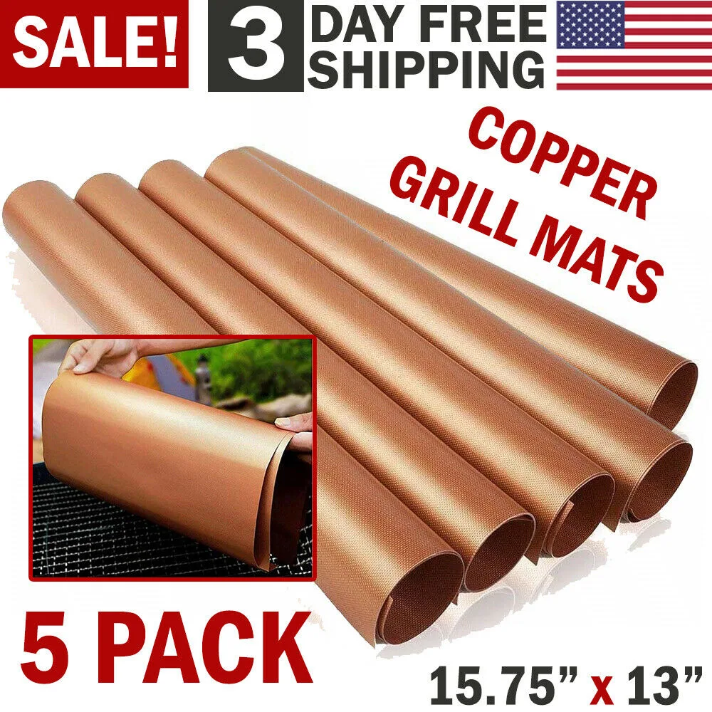 5pc Copper Grill Mats Baking Non Stick BBQ Mat Pad