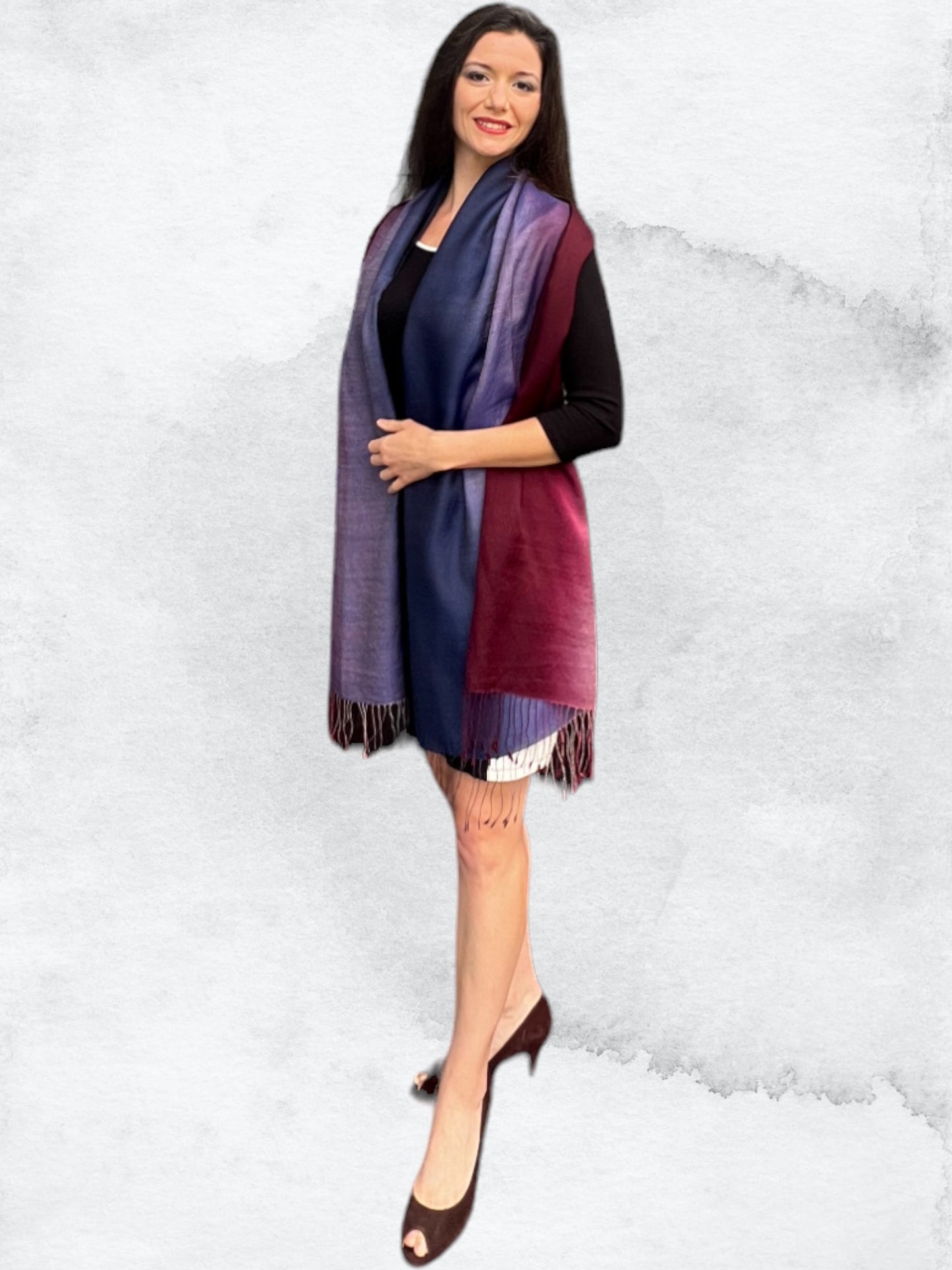 Wine and Blue Ombre Hand Dyed Silk & Wool Blend Scarf