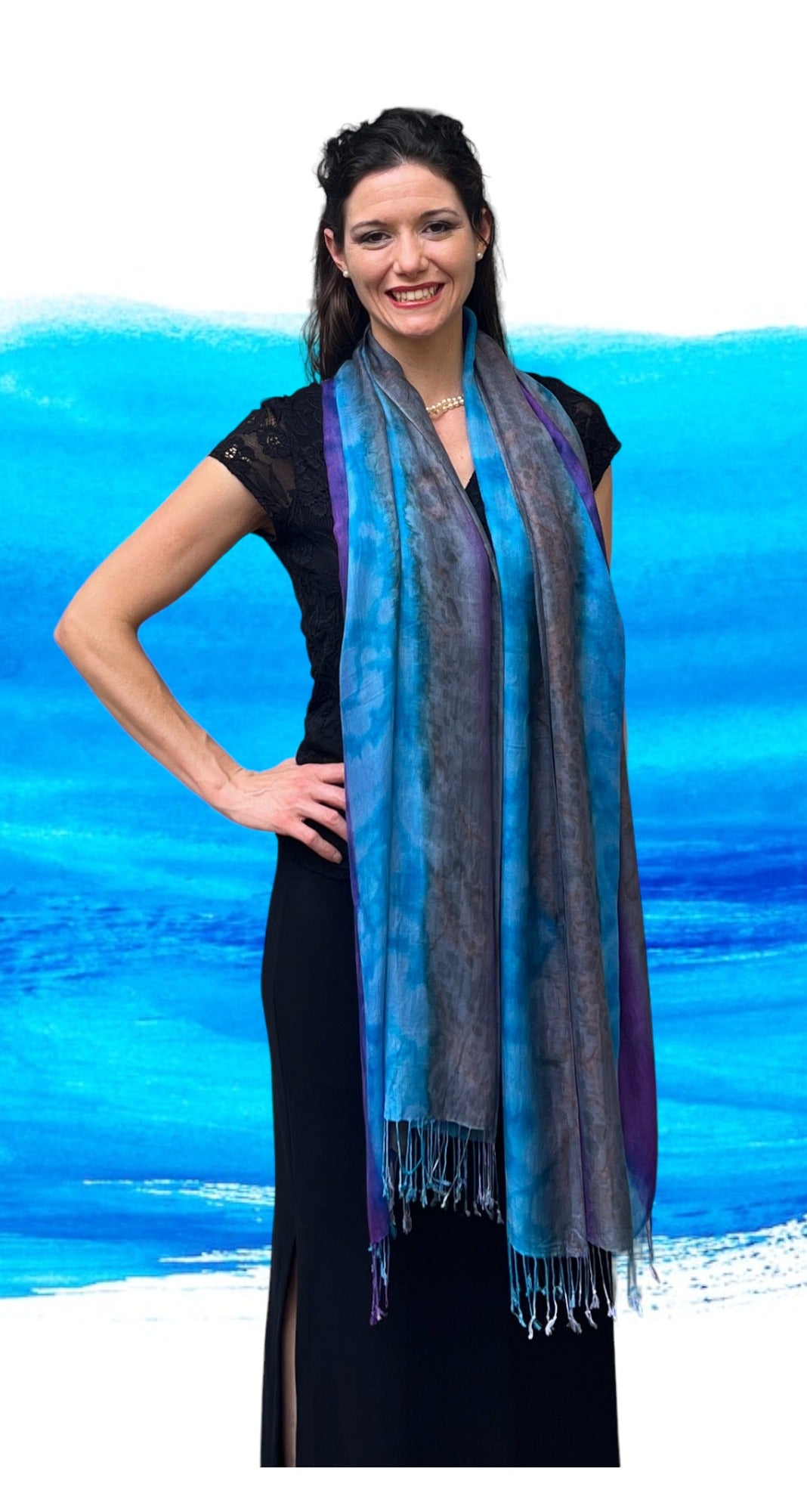 Blue Striped Modal Silk Hand Painted Watercolor Scarf