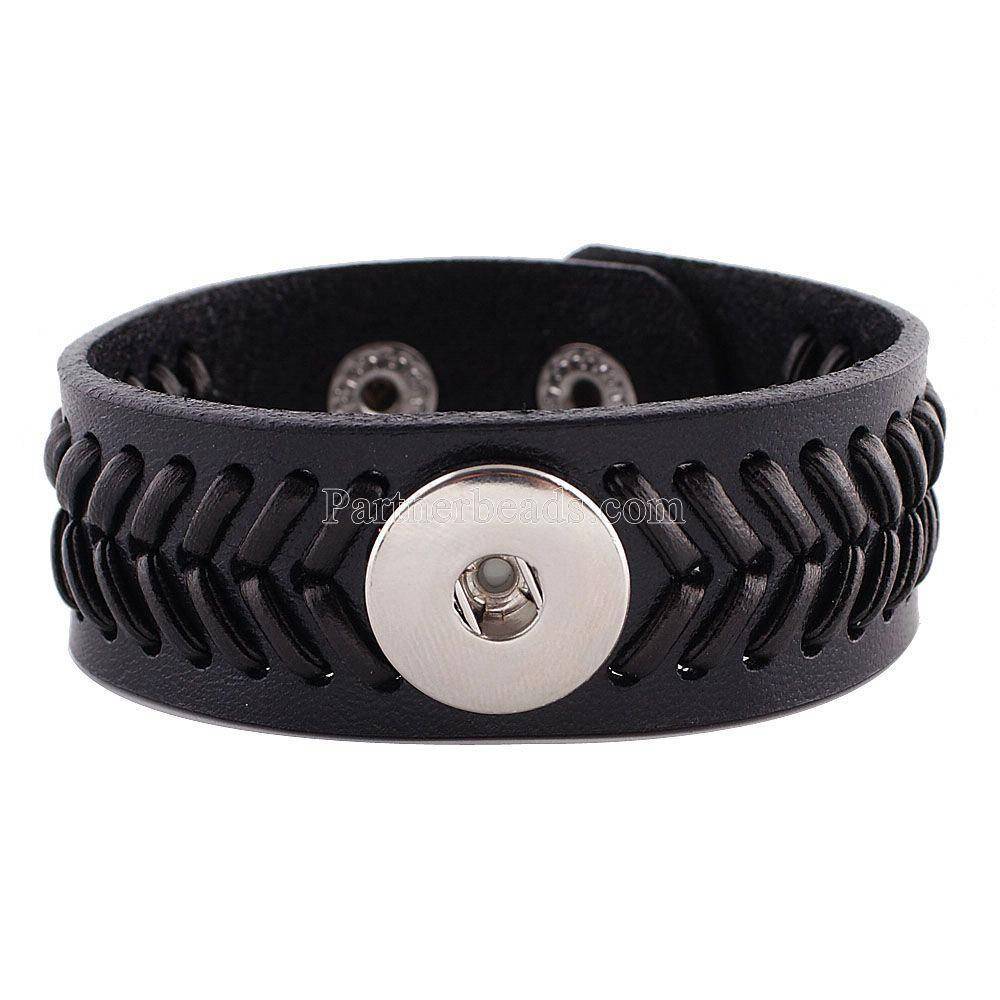 Bracelet - Snap Jewelry - Woven Leather "Baseball" Adjustable Cuff