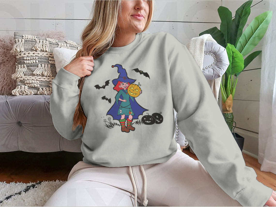 Little Witch With Bats And Pumpkins, Cartoon Vector Illustration